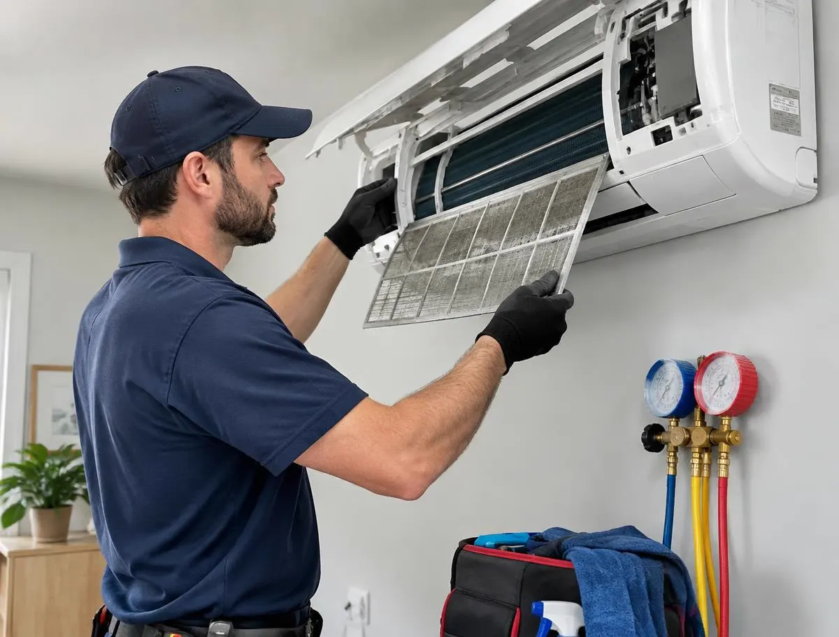 Entretien d'une thermopompe murale par un technicien